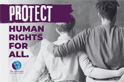 Image with the text "Protect Human Rights for All" superimposed on people facing away and linking arms